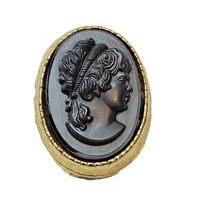 Vintage Hematite Gold-Tone Cameo Brooch
